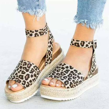 plus Size Summer Platform Heel Buckle Sandals Women Leopard Print Hemp Rope Woven Wedge  DestGlow
