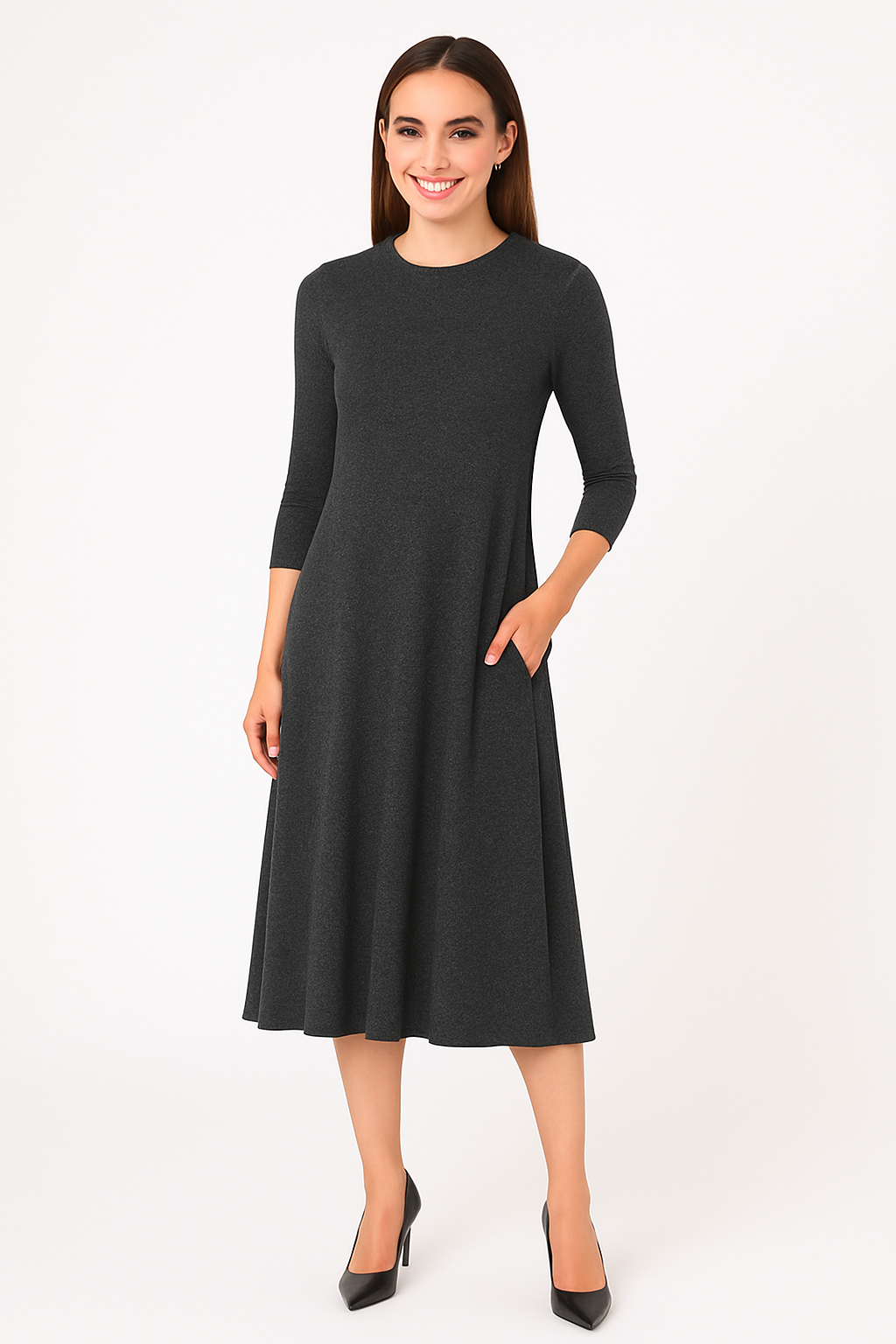 Mid-Calf 3/4 Sleeve Swing Dress with Pockets by Kosher Casual USA