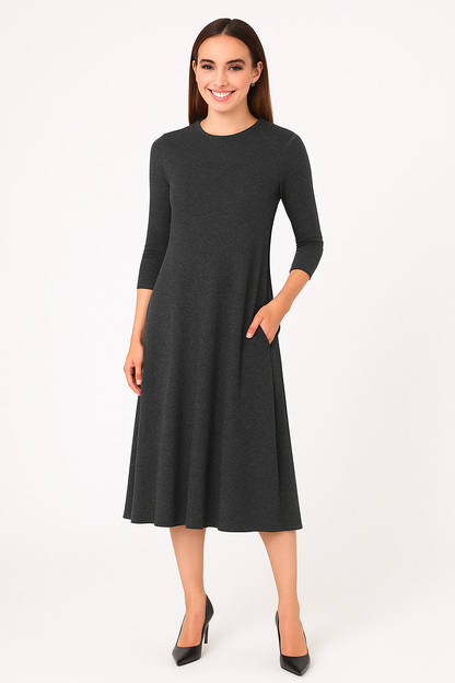 Mid-Calf 3/4 Sleeve Swing Dress with Pockets by Kosher Casual USA