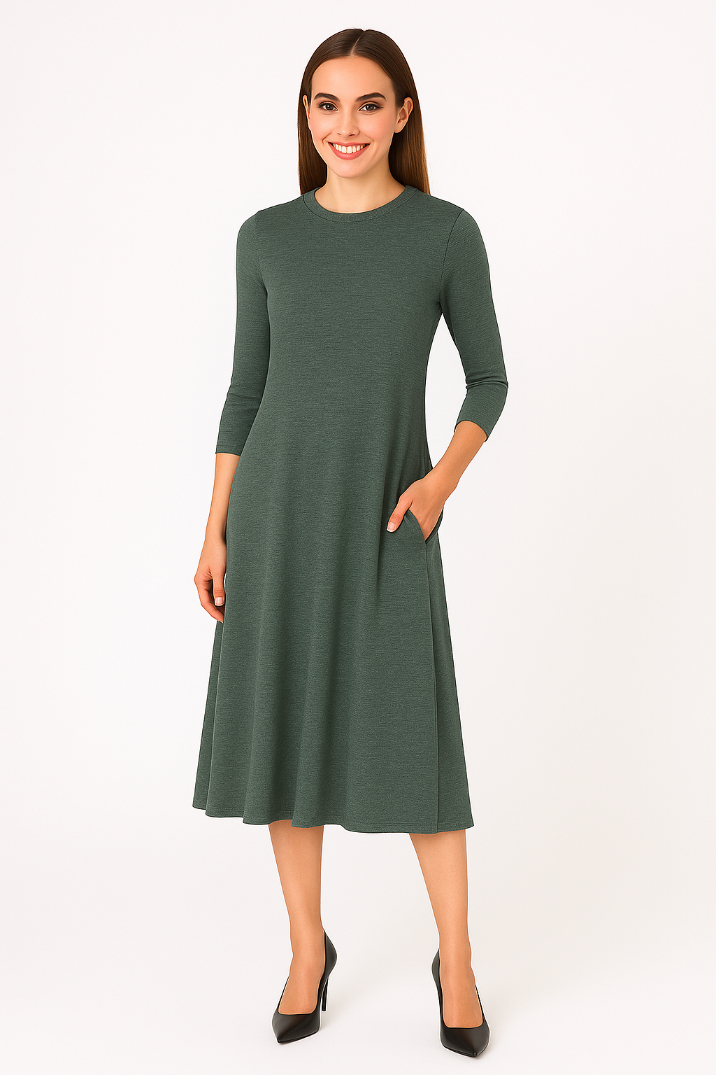 Mid-Calf 3/4 Sleeve Swing Dress with Pockets by Kosher Casual USA