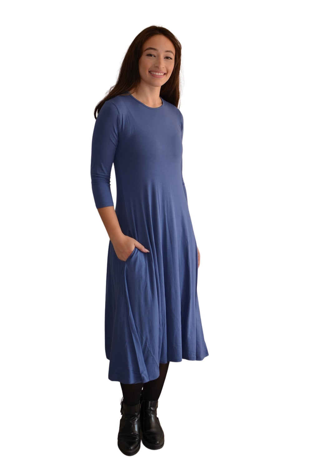 Mid-Calf 3/4 Sleeve Swing Dress with Pockets by Kosher Casual USA