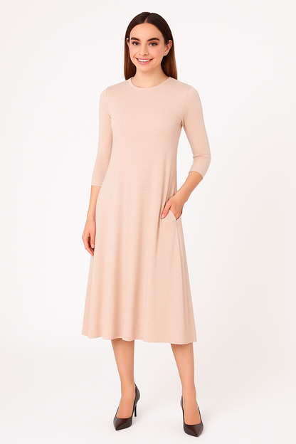 Mid-Calf 3/4 Sleeve Swing Dress with Pockets by Kosher Casual USA