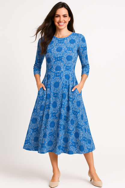 Mid-Calf 3/4 Sleeve Swing Dress with Pockets by Kosher Casual USA