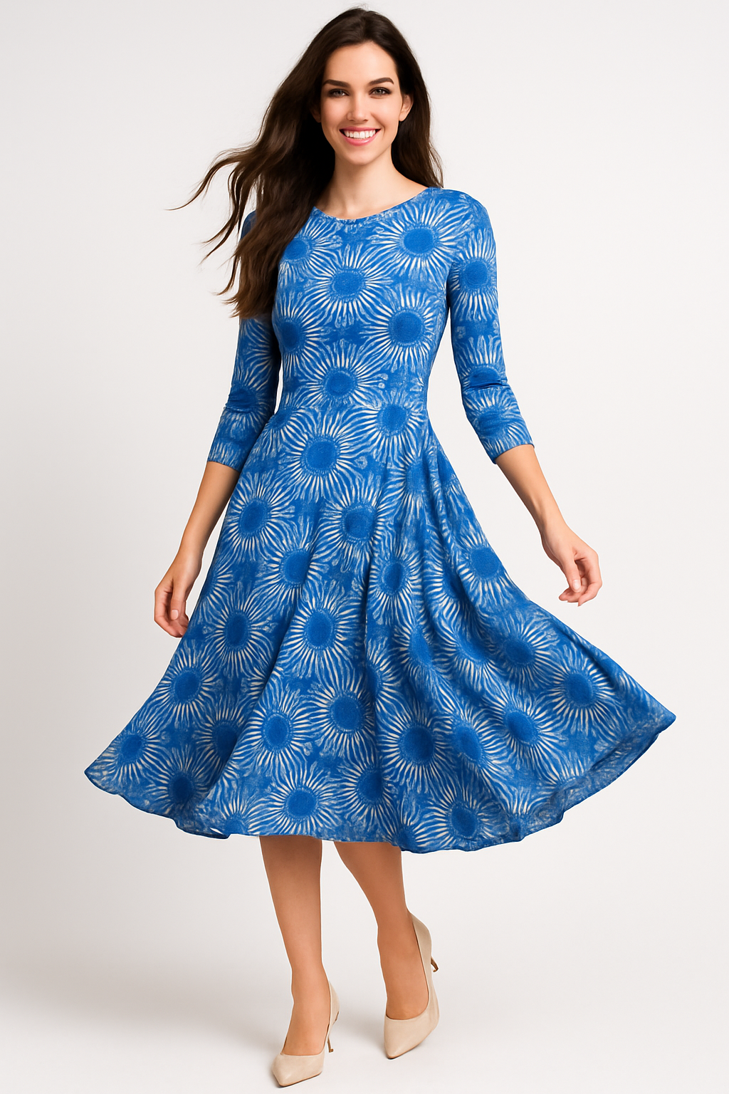 Mid-Calf 3/4 Sleeve Swing Dress with Pockets by Kosher Casual USA