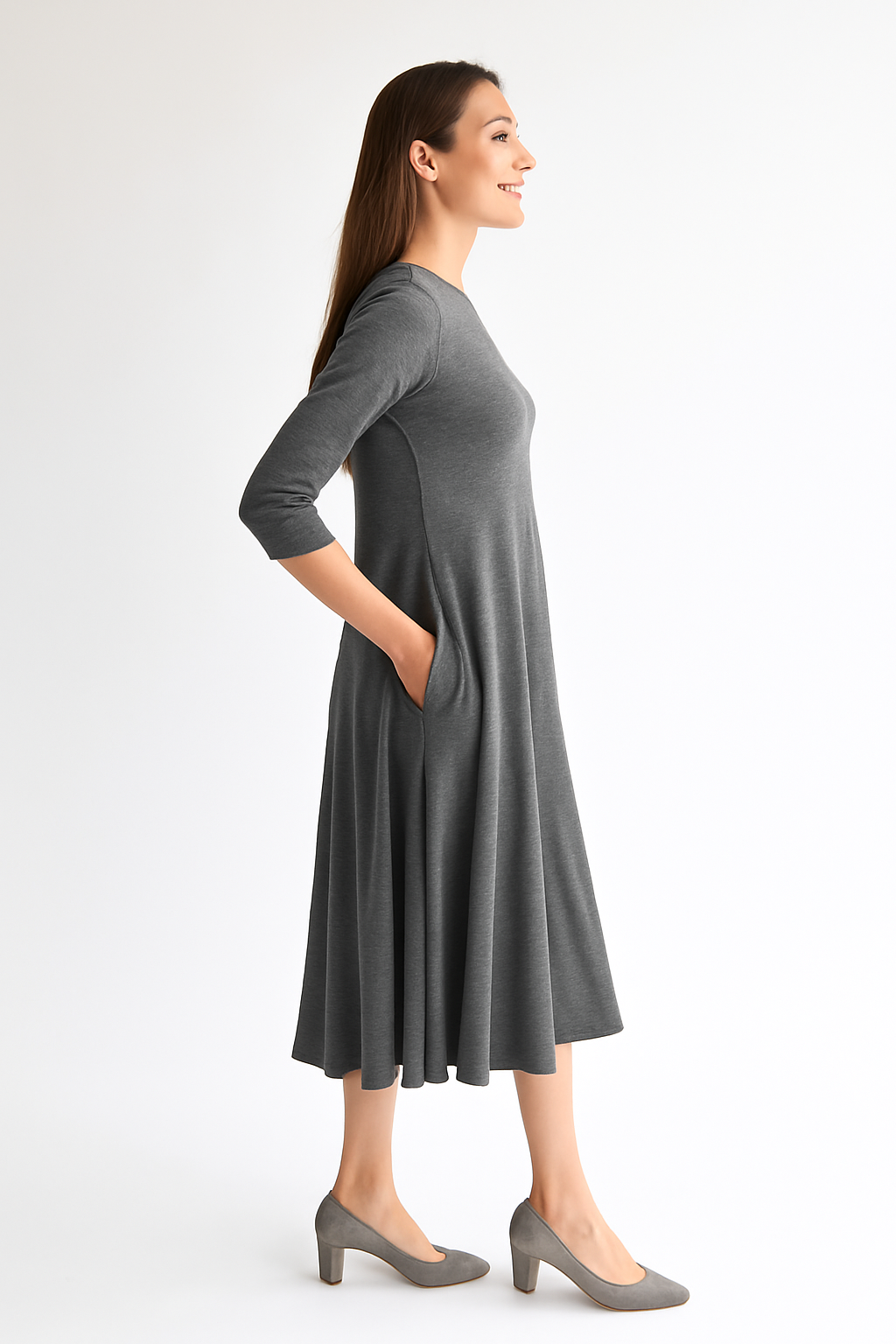 Mid-Calf 3/4 Sleeve Swing Dress with Pockets by Kosher Casual USA