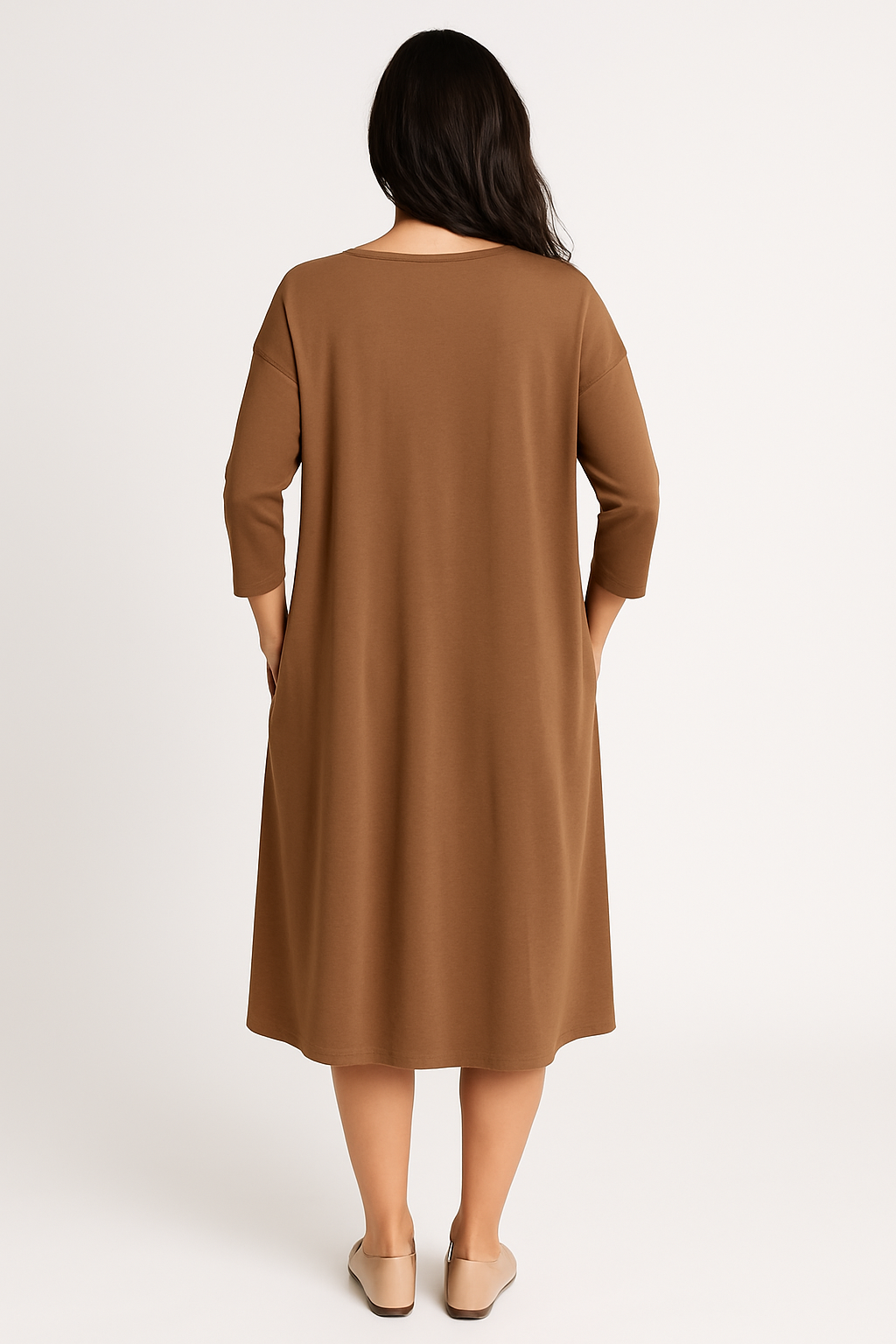 Relaxed Fit Modest 3/4 Sleeve Knee-Length Dress with Pockets by Kosher Casual USA
