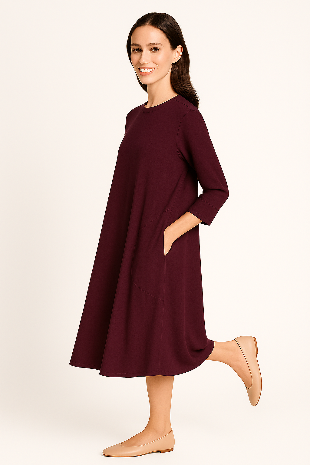 Relaxed Fit Modest 3/4 Sleeve Knee-Length Dress with Pockets by Kosher Casual USA