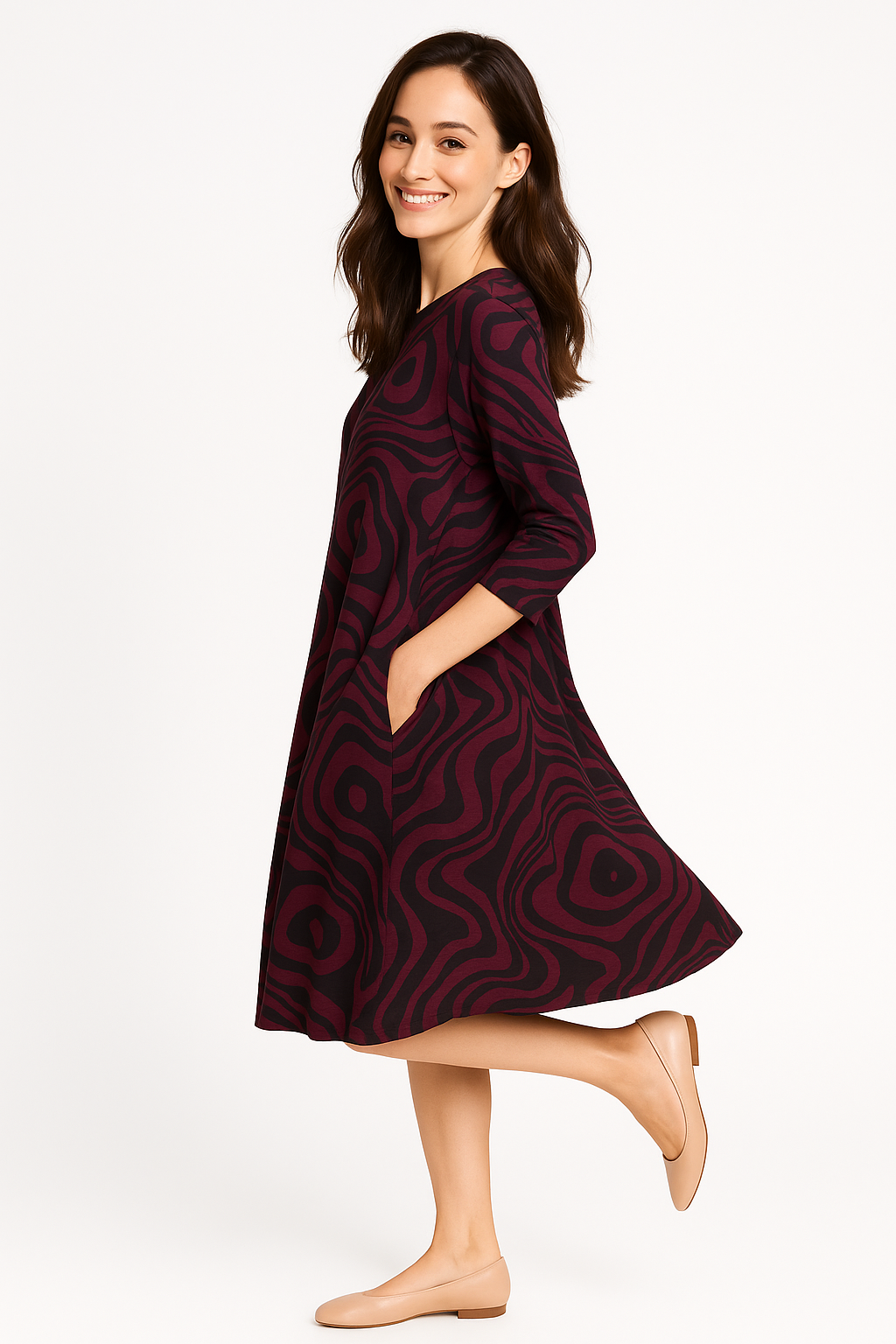 Relaxed Fit Modest 3/4 Sleeve Knee-Length Dress with Pockets by Kosher Casual USA
