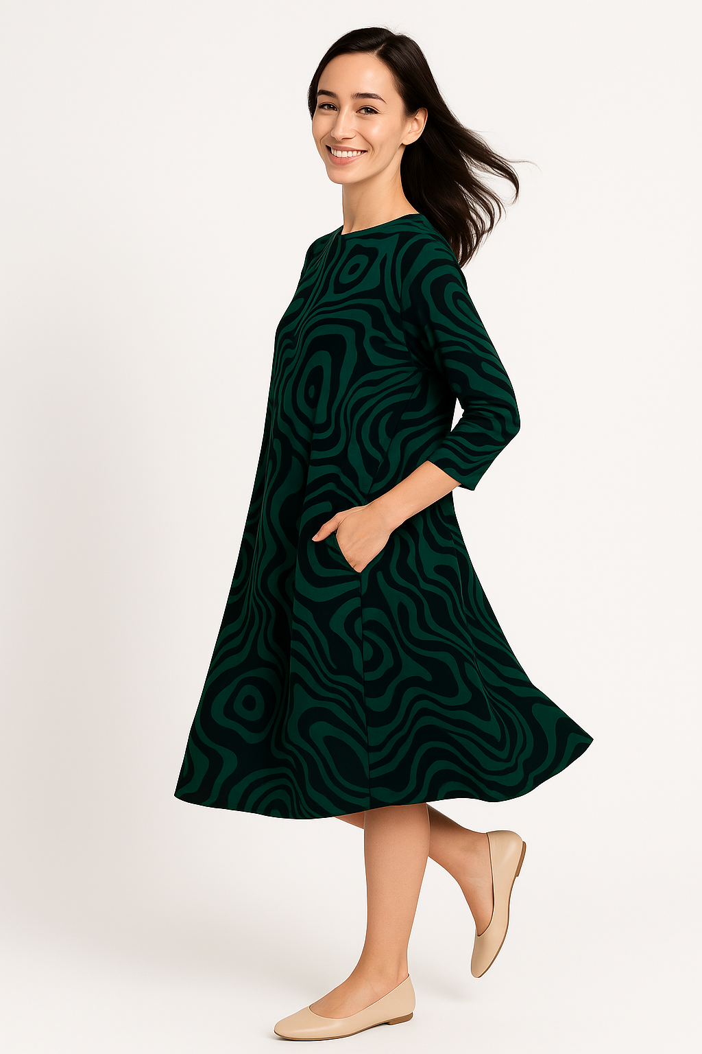 Relaxed Fit Modest 3/4 Sleeve Knee-Length Dress with Pockets by Kosher Casual USA