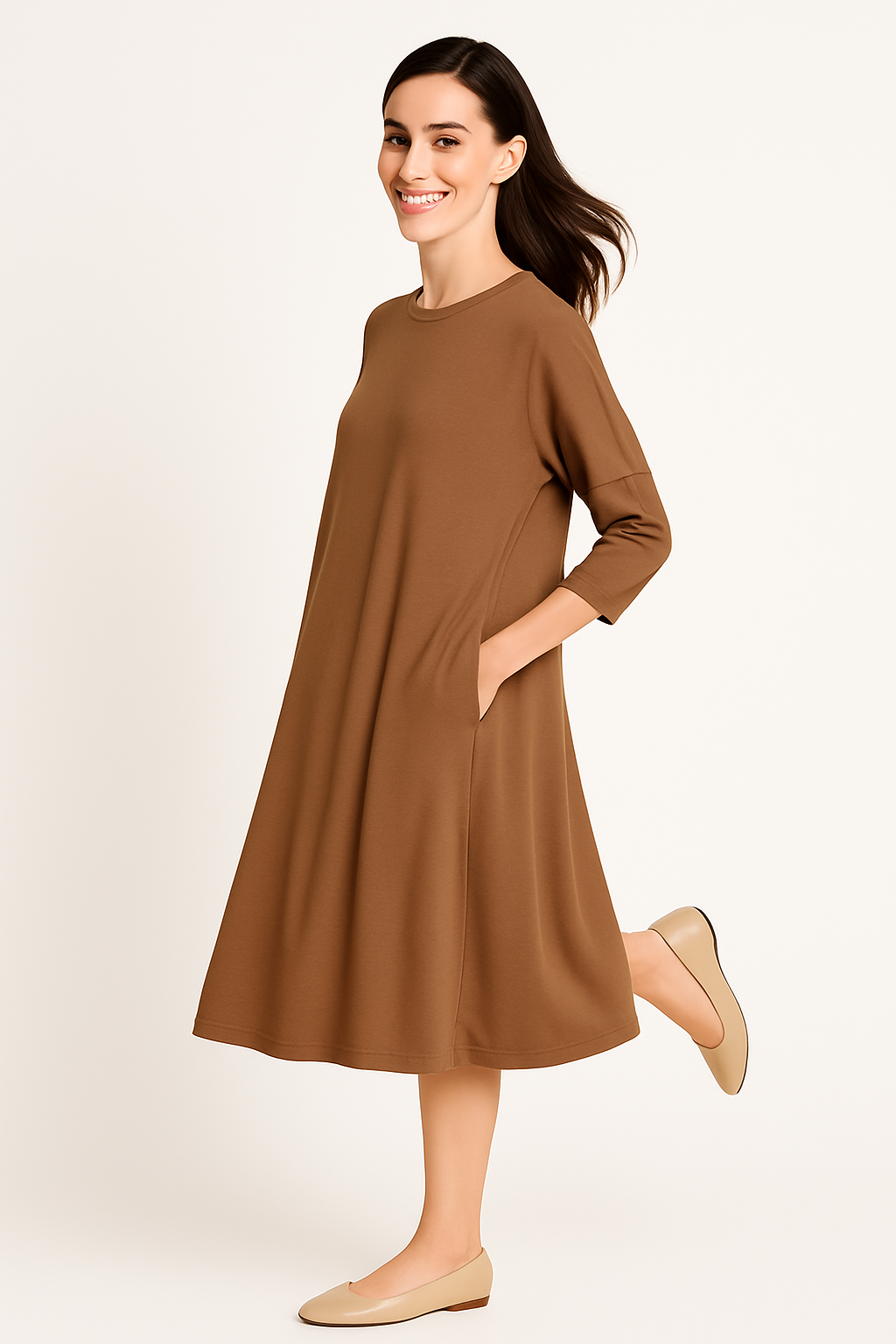 Relaxed Fit Modest 3/4 Sleeve Knee-Length Dress with Pockets by Kosher Casual USA