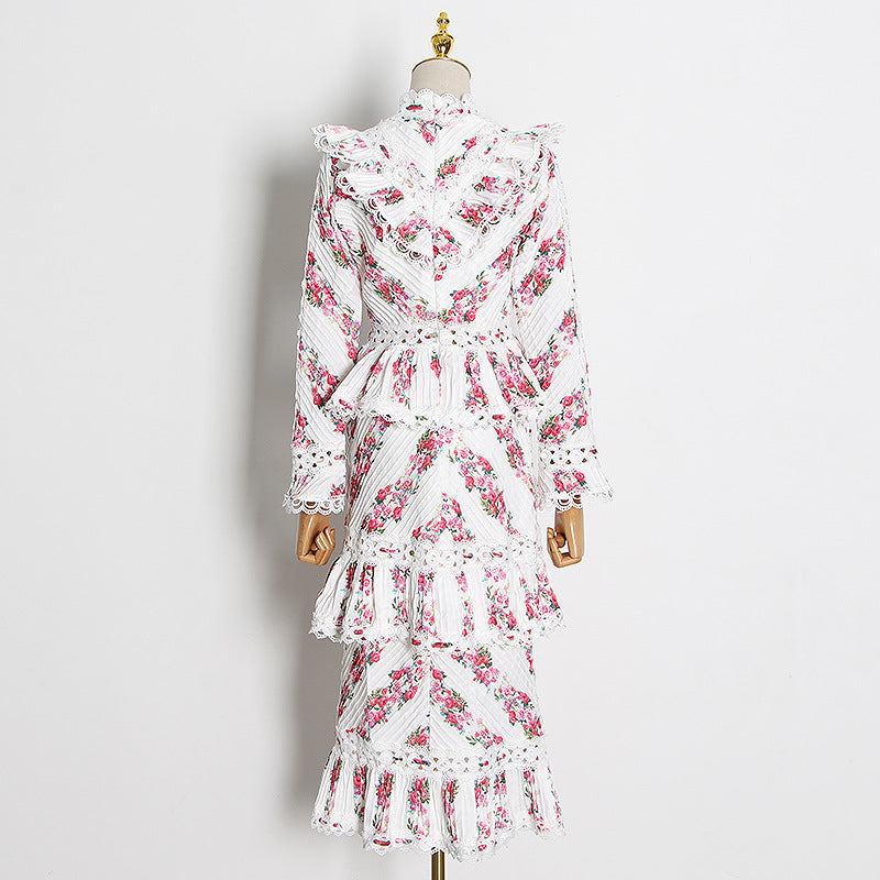 Australia Spring Retro Heavy Industry Crocheted Stand Collar Pleated Tiered Dress Ruffled Long Sleeve Dress by Ragazza