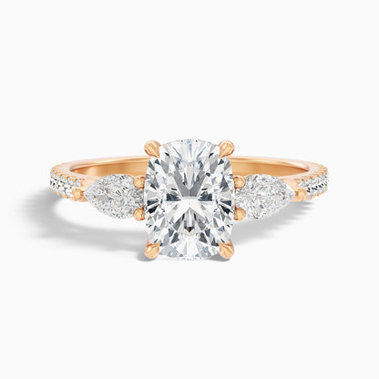 Ivana 1.5 Carat Three Stone Pave Ring with Pear Side Stones and an Elongated Cushion Lab Grown Diamond in 925 Sterling Silver
