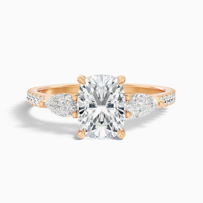 Ivana 5 Carat Three Stone Pave Ring with Pear Side Stones and an Elongated Cushion Moissanite Diamond in Platinum