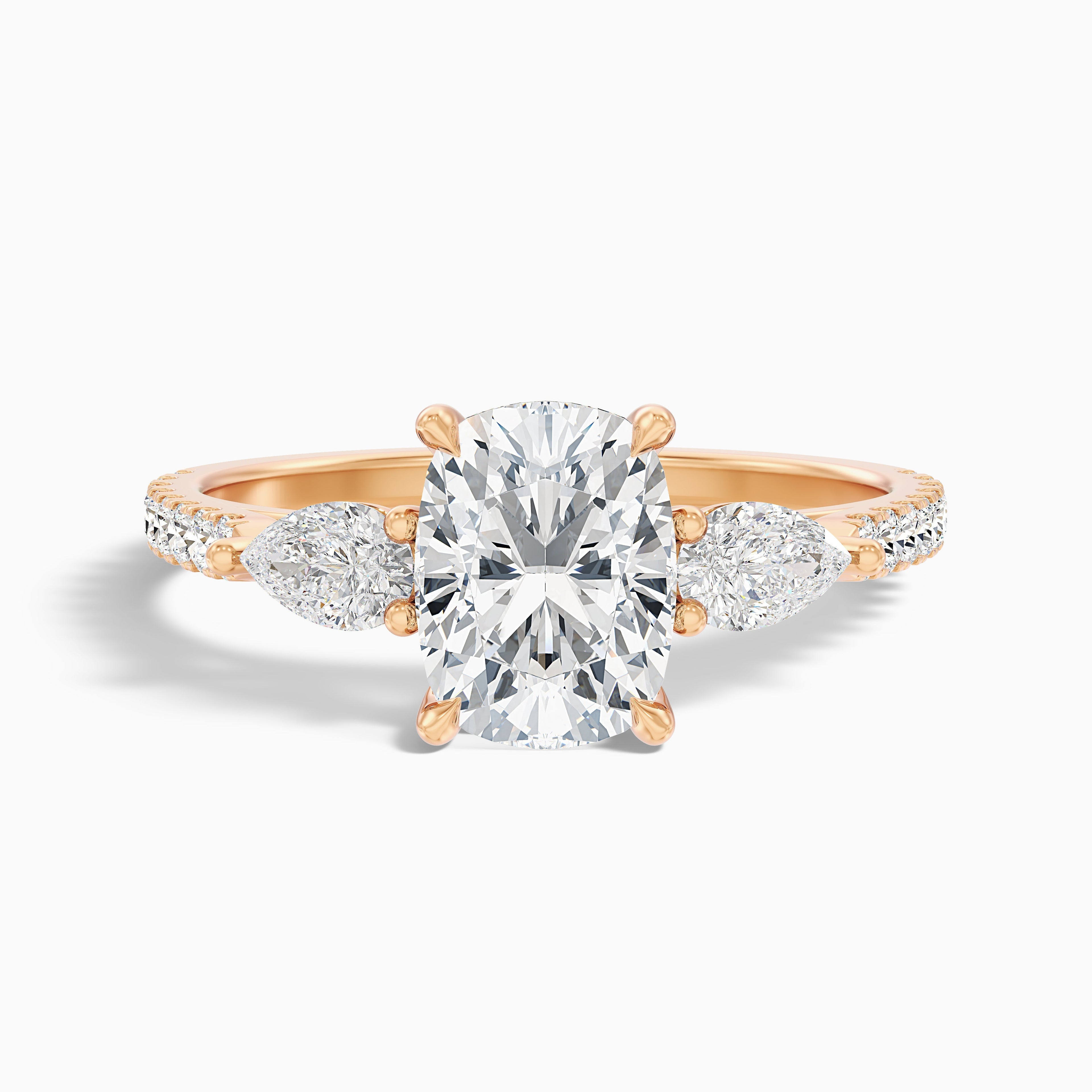 Ivana 3.5 Carat Three Stone Pave Ring with Pear Side Stones and an Elongated Cushion Lab Grown Diamond in 14k White Gold