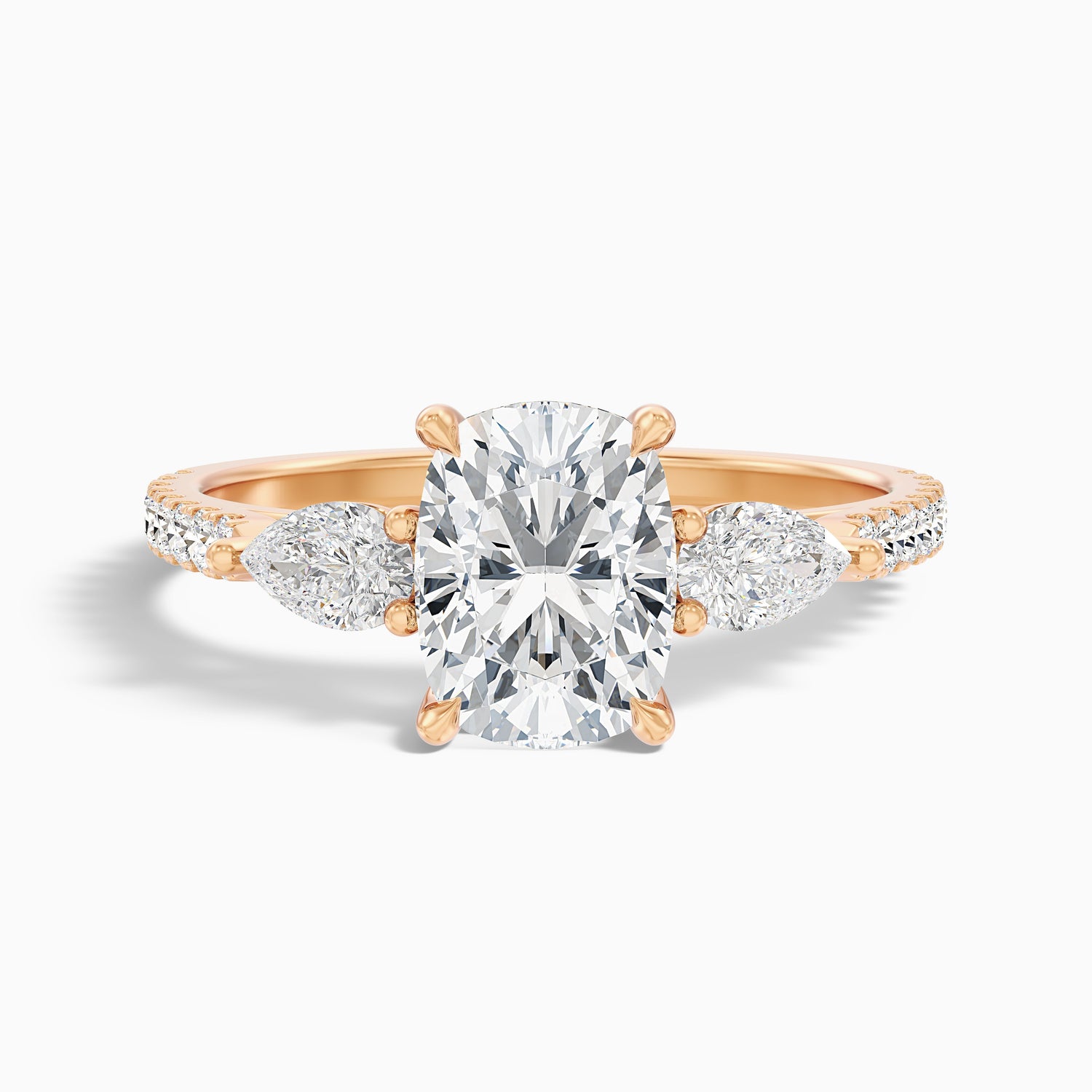 Ivana 5.5 Carat Three Stone Pave Ring with Pear Side Stones and an Elongated Cushion Moissanite Diamond in 18k White Gold