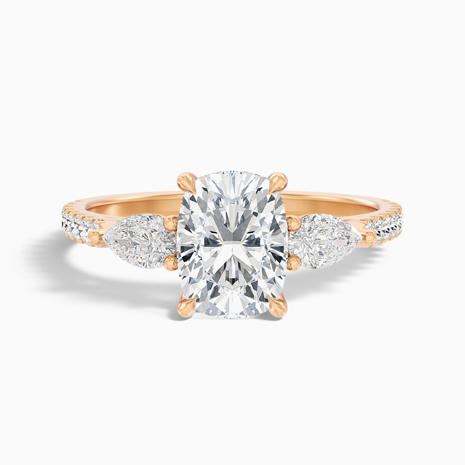 Ivana 3.5 Carat Three Stone Pave Ring with Pear Side Stones and an Elongated Cushion Moissanite Diamond in 925 Sterling Silver