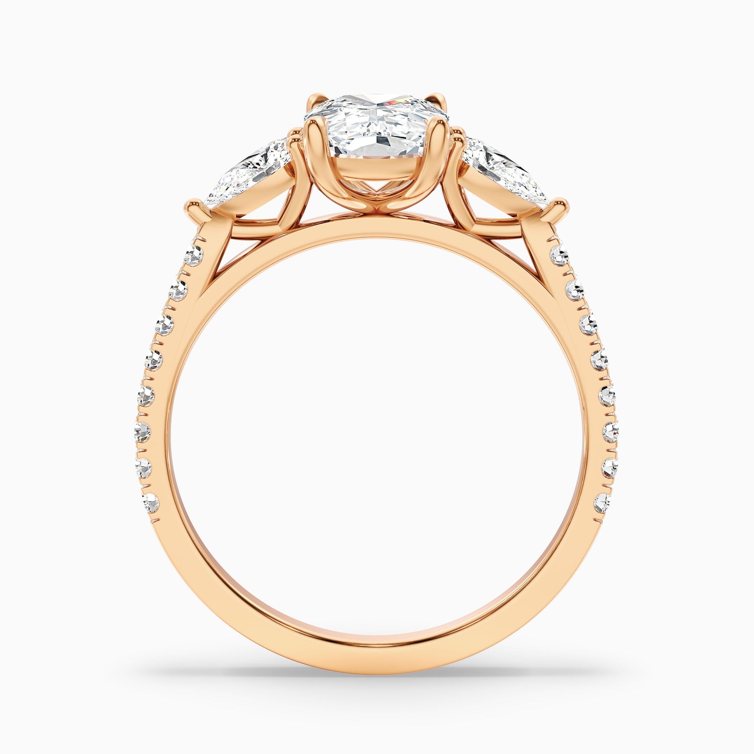 Ivana 5 Carat Three Stone Pave Ring with Pear Side Stones and an Elongated Cushion Moissanite Diamond in 925 Sterling Silver