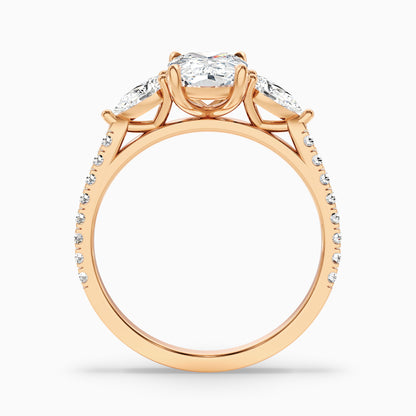 Ivana 3.5 Carat Three Stone Pave Ring with Pear Side Stones and an Elongated Cushion Lab Grown Diamond in 18k Rose Gold