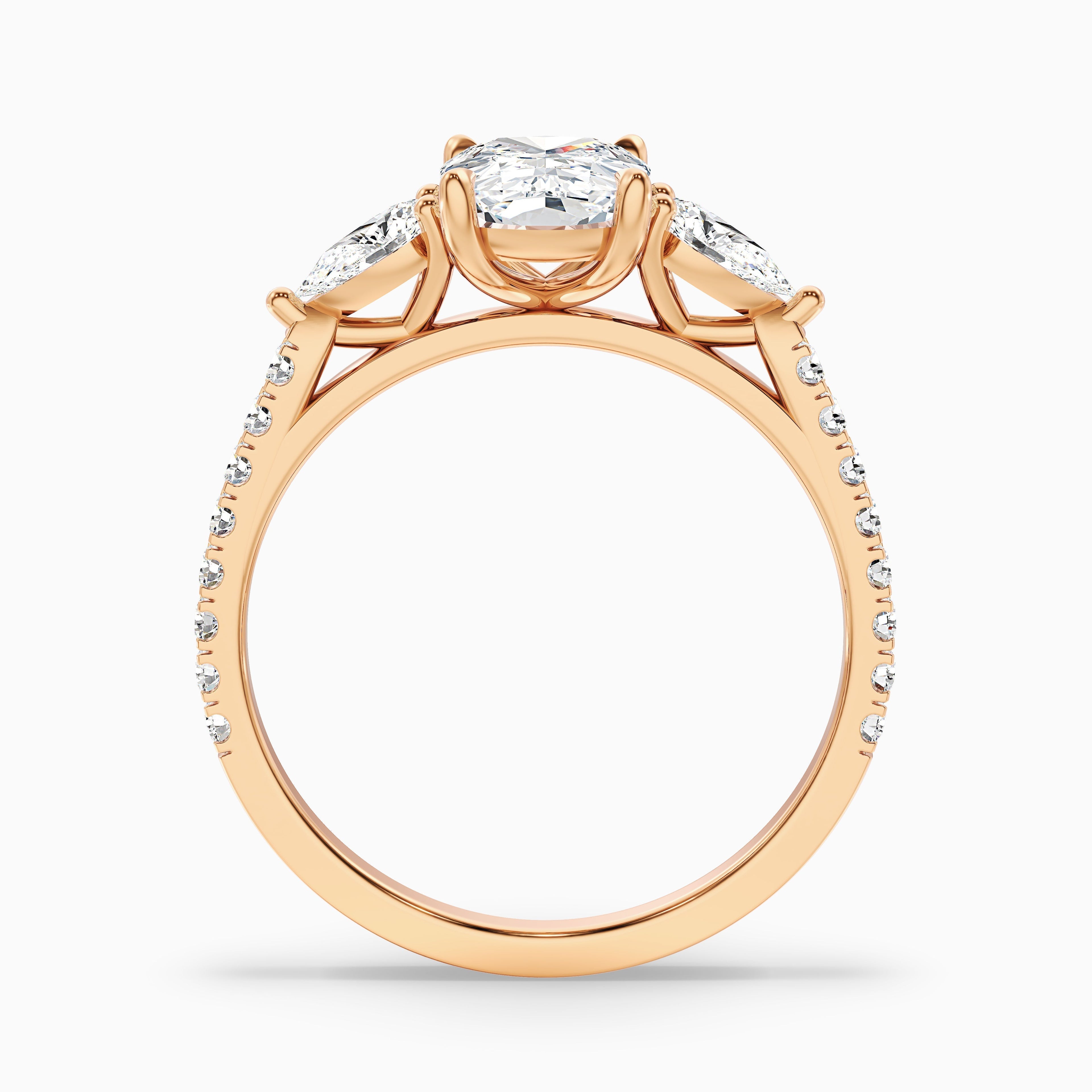 Ivana 2.5 Carat Three Stone Pave Ring with Pear Side Stones and an Elongated Cushion Moissanite Diamond in 925 Sterling Silver