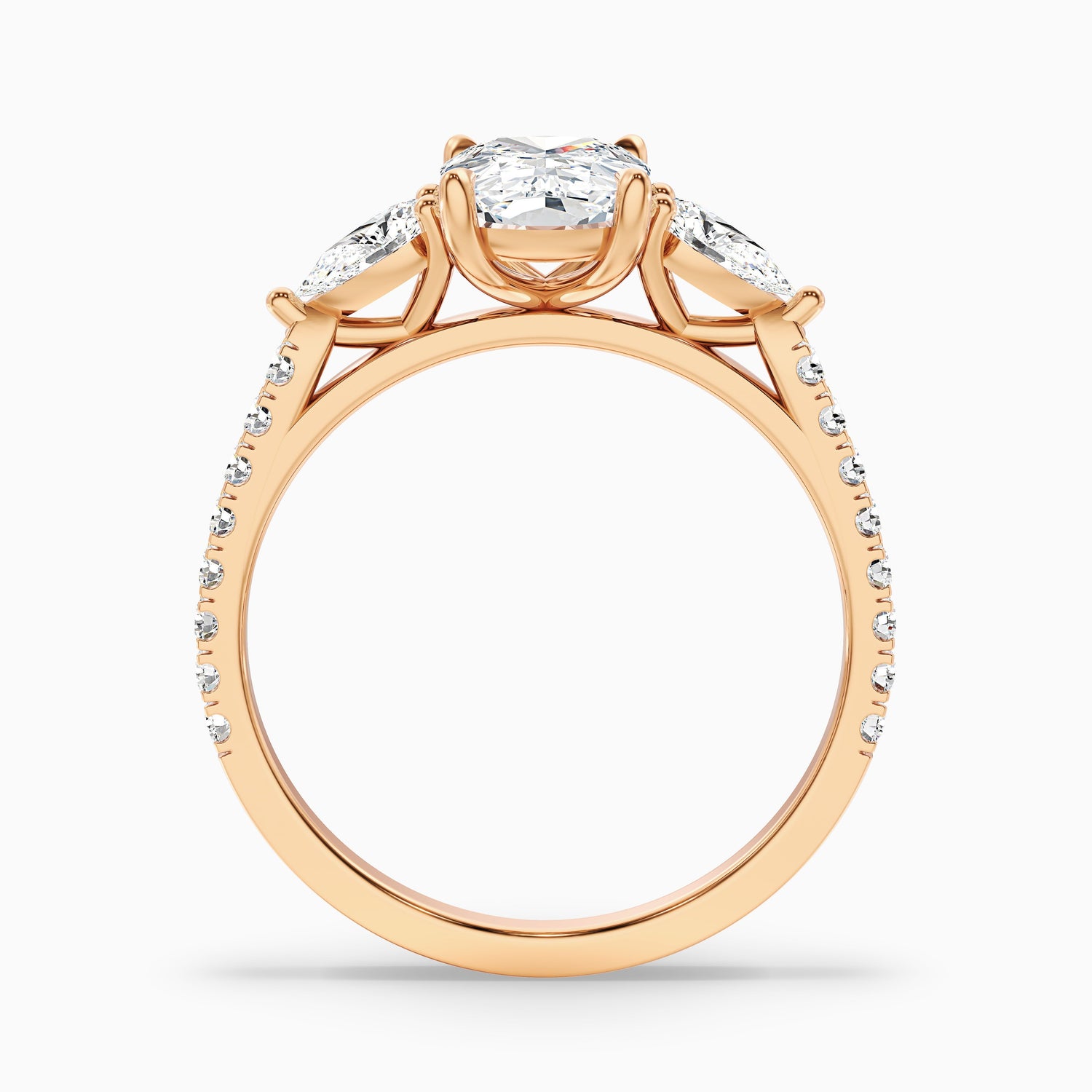 Ivana 3 Carat Three Stone Pave Ring with Pear Side Stones and an Elongated Cushion Lab Grown Diamond in 14k Rose Gold