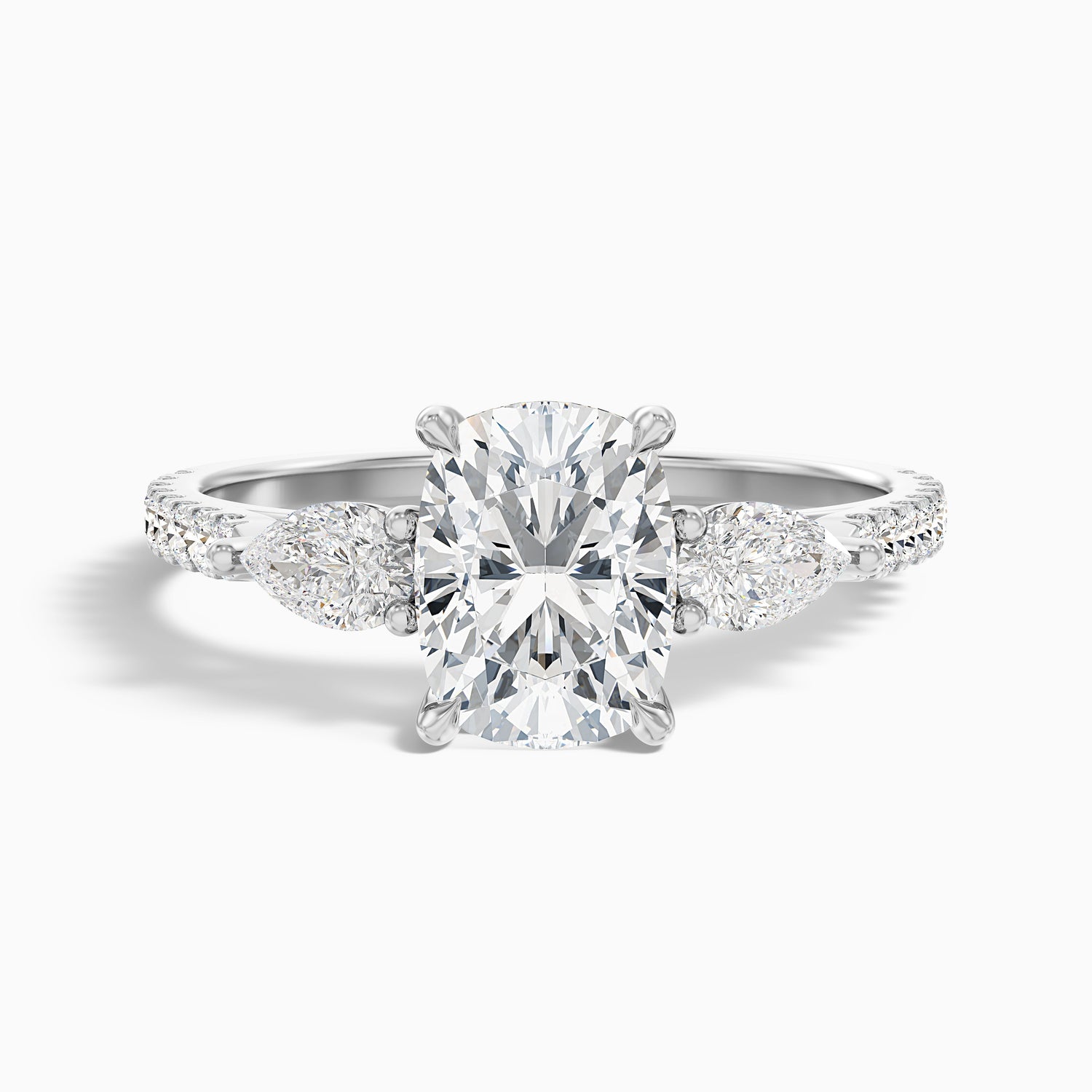 Ivana 4.5 Carat Three Stone Pave Ring with Pear Side Stones and an Elongated Cushion Lab Grown Diamond in 10k White Gold