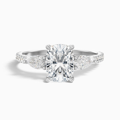Ivana 3 Carat Three Stone Pave Ring with Pear Side Stones and an Elongated Cushion Moissanite Diamond in 14k Yellow Gold