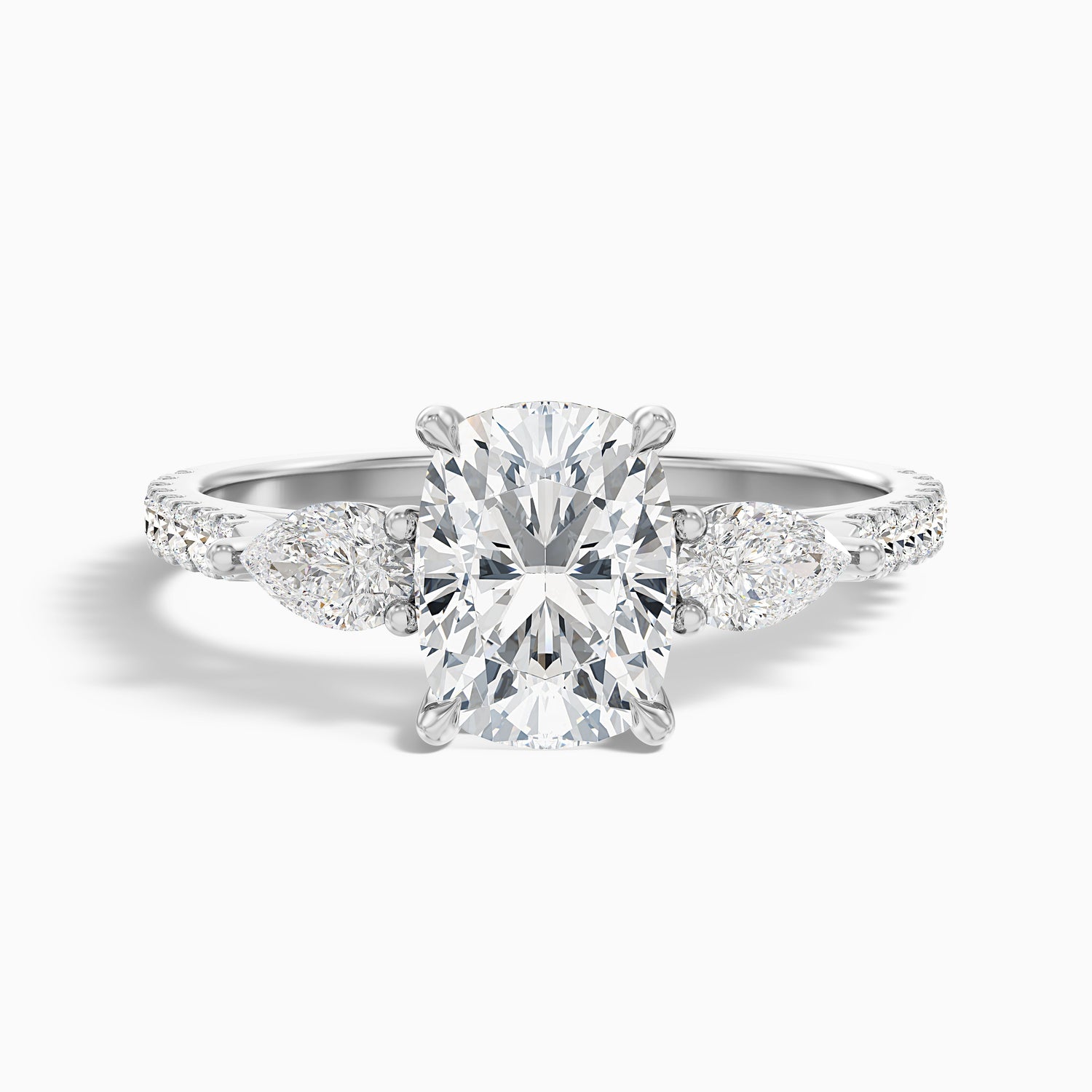 Ivana 2.5 Carat Three Stone Pave Ring with Pear Side Stones and an Elongated Cushion Moissanite Diamond in 925 Sterling Silver