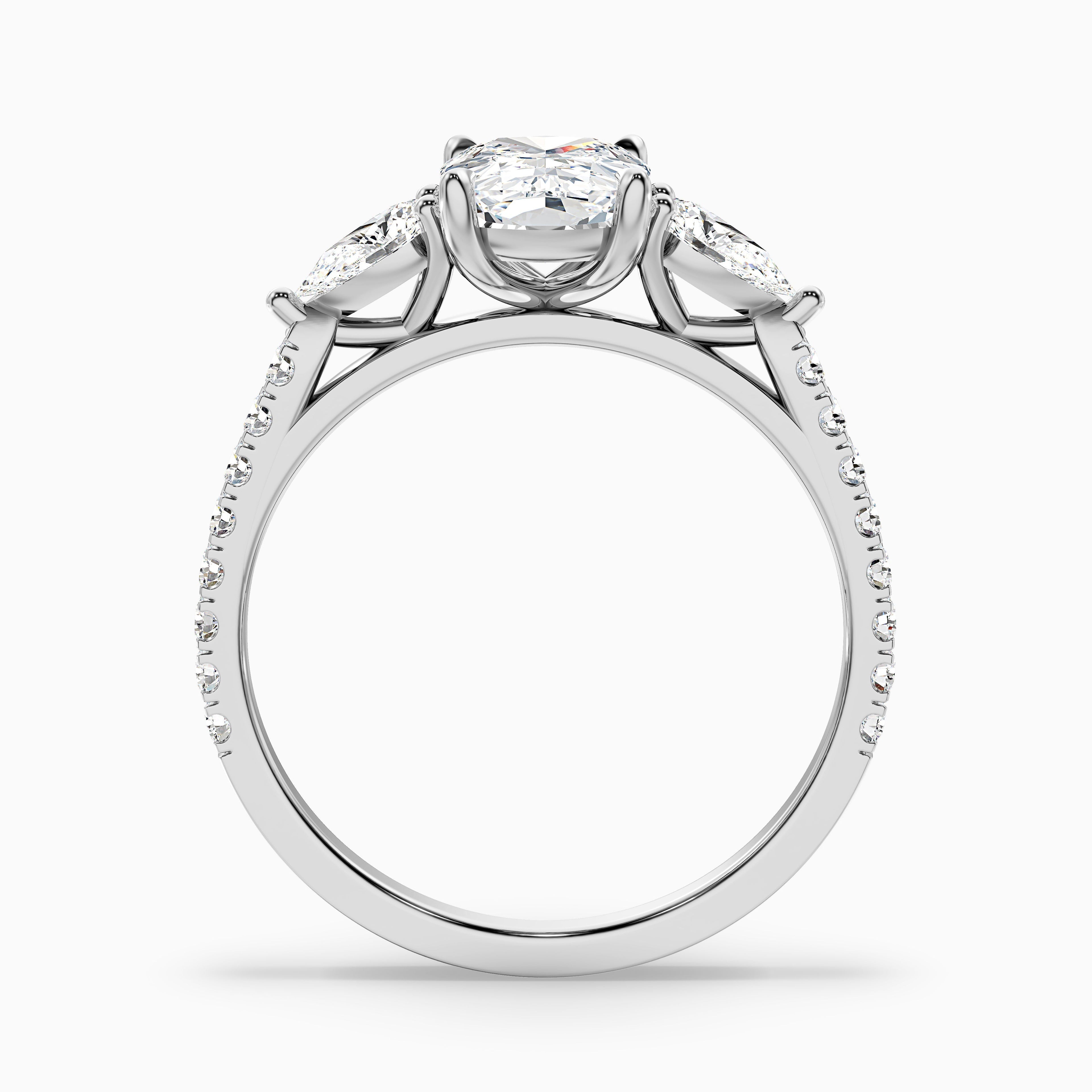 Ivana 1.5 Carat Three Stone Pave Ring with Pear Side Stones and an Elongated Cushion Lab Grown Diamond in 10k Yellow Gold