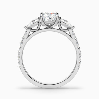 Ivana 4.5 Carat Three Stone Pave Ring with Pear Side Stones and an Elongated Cushion Lab Grown Diamond in 10k Rose Gold