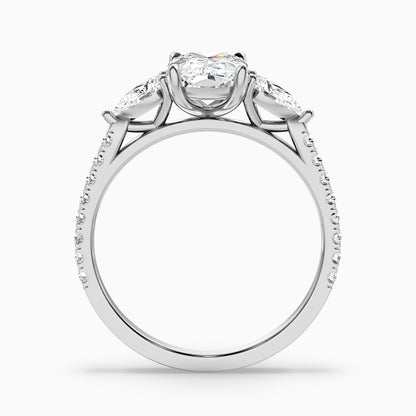 Ivana 4 Carat Three Stone Pave Ring with Pear Side Stones and an Elongated Cushion Moissanite Diamond in 925 Sterling Silver