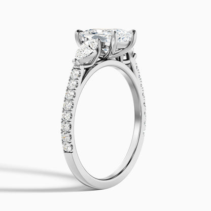 Ivana 5 Carat Three Stone Pave Ring with Pear Side Stones and an Elongated Cushion Moissanite Diamond in 925 Sterling Silver
