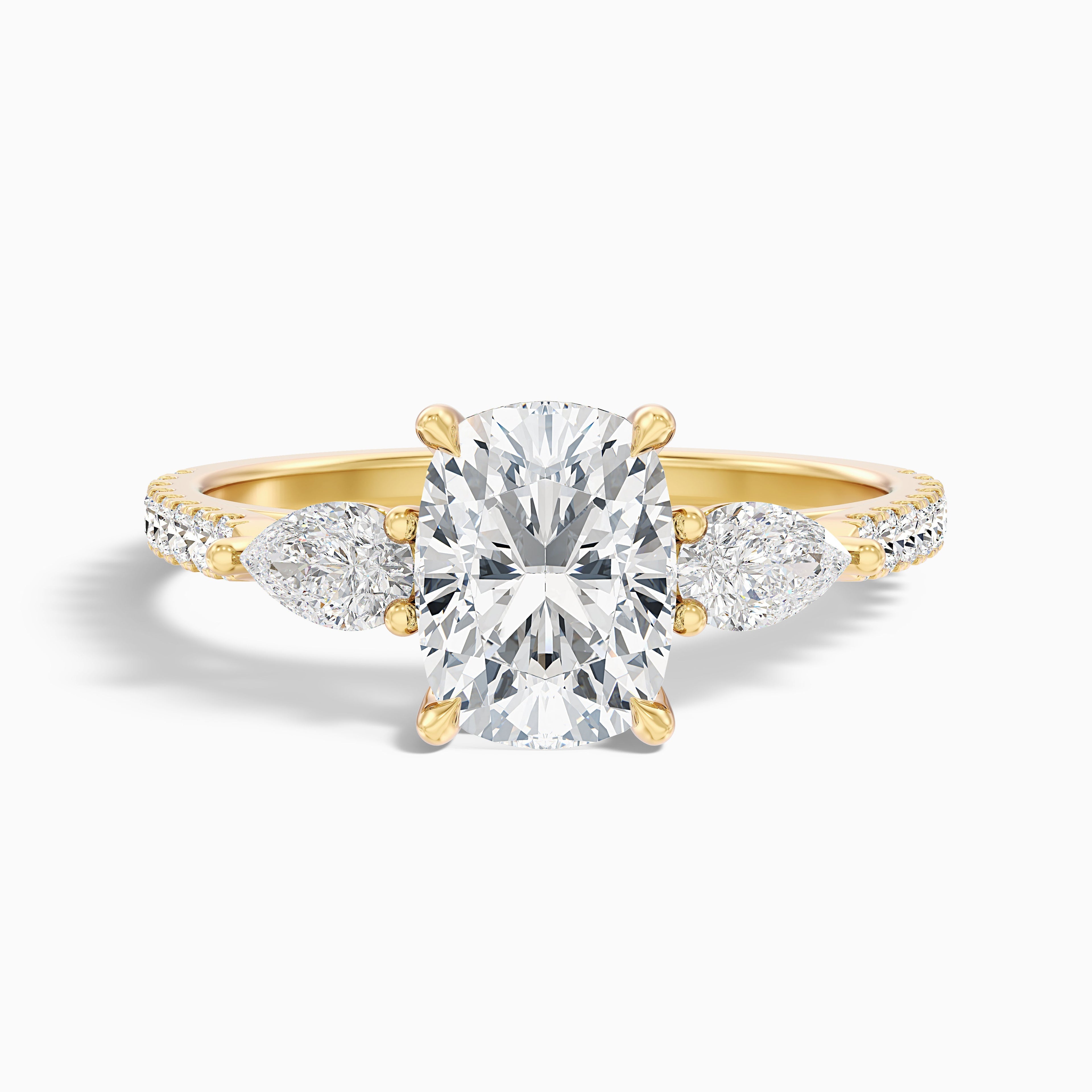 Ivana 5 Carat Three Stone Pave Ring with Pear Side Stones and an Elongated Cushion Lab Grown Diamond in 18k White Gold