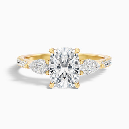 Ivana 3.5 Carat Three Stone Pave Ring with Pear Side Stones and an Elongated Cushion Lab Grown Diamond in 14k White Gold