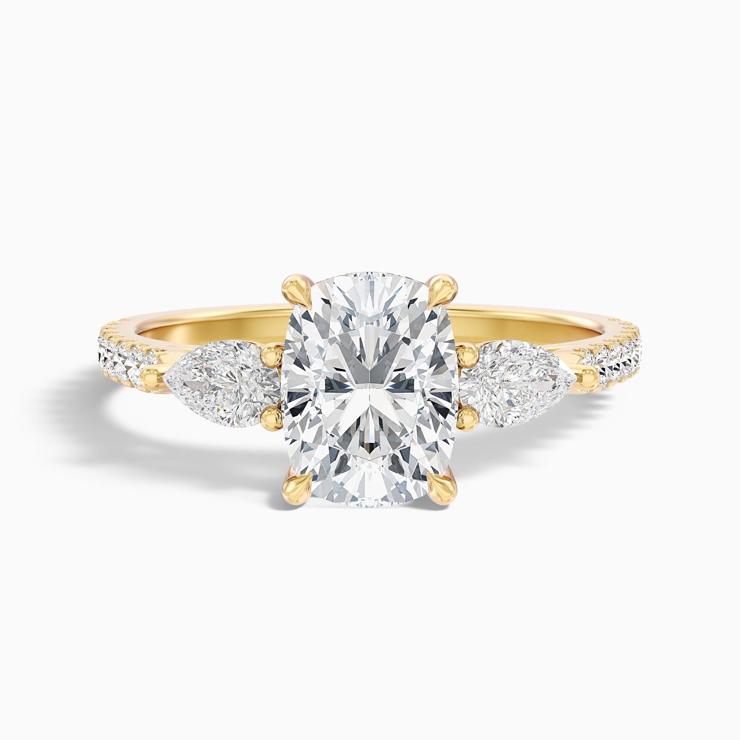 Ivana 2.5 Carat Three Stone Pave Ring with Pear Side Stones and an Elongated Cushion Lab Grown Diamond in 14k Yellow Gold