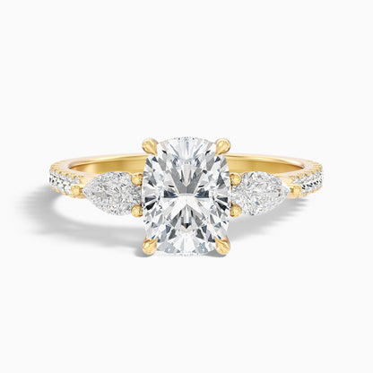 Ivana 2.5 Carat Three Stone Pave Ring with Pear Side Stones and an Elongated Cushion Moissanite Diamond in 925 Sterling Silver