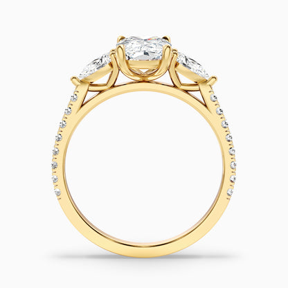 Ivana 1.5 Carat Three Stone Pave Ring with Pear Side Stones and an Elongated Cushion Lab Grown Diamond in 925 Sterling Silver