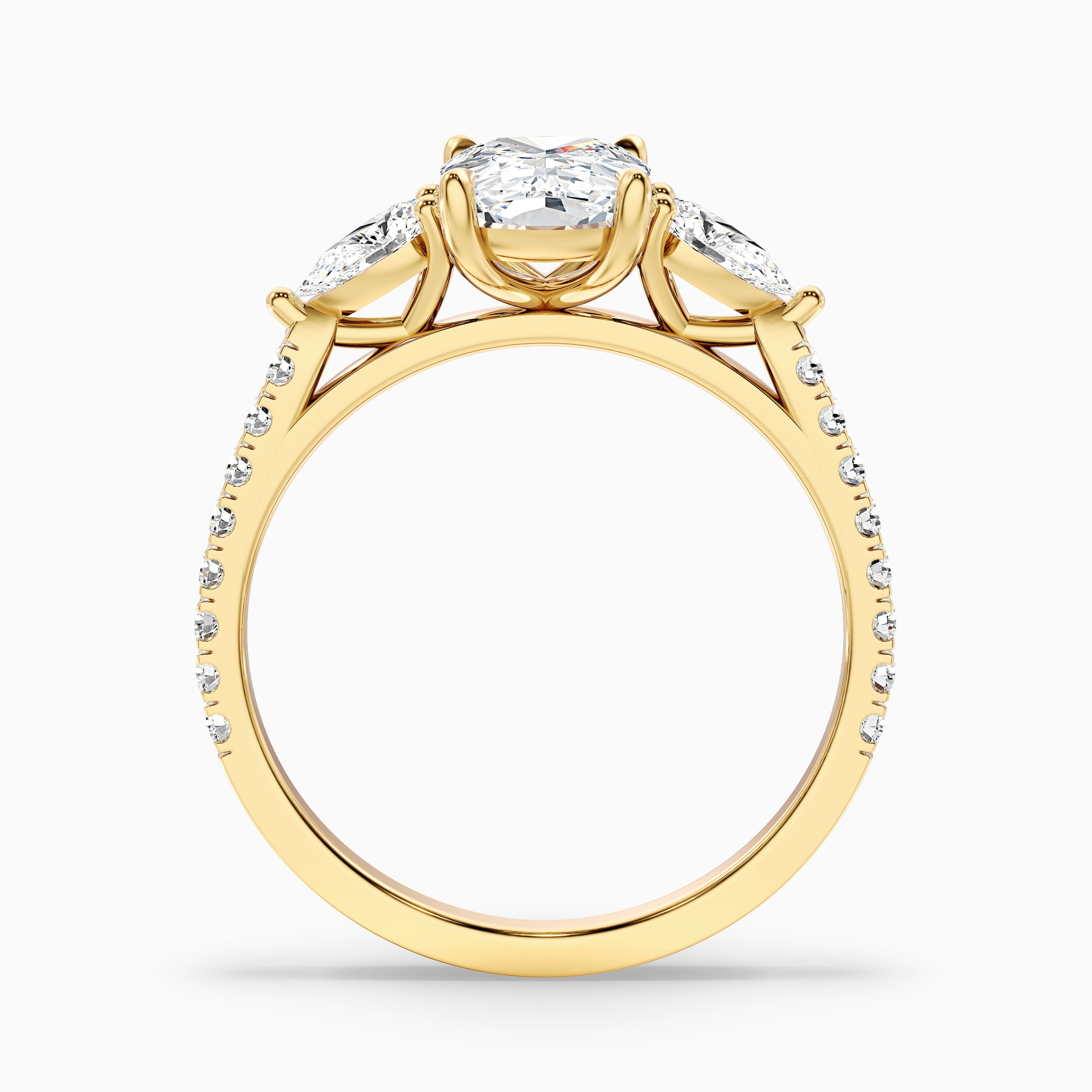 Ivana 2.5 Carat Three Stone Pave Ring with Pear Side Stones and an Elongated Cushion Moissanite Diamond in 10k Yellow Gold