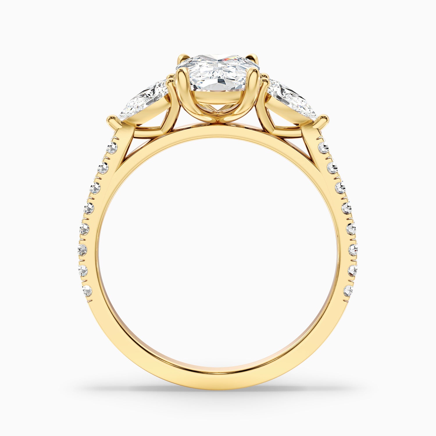 Ivana 5.5 Carat Three Stone Pave Ring with Pear Side Stones and an Elongated Cushion Moissanite Diamond in 925 Sterling Silver