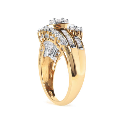 10K Yellow Gold 1 Cttw Round and Baguette cut Diamond Cluster Swirl Band Ring (H-I Color, I1-I2 Clarity) - Ring Size 7 by Bids.com