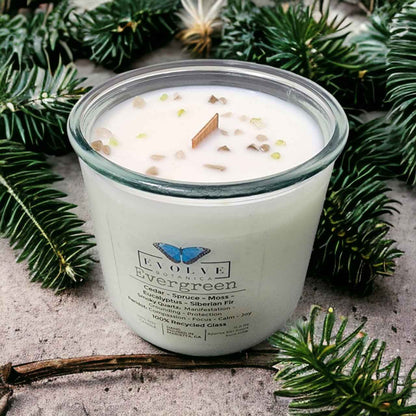 Rocks Candle - Evergreen (Wood Wick Peridot &amp; Smoky Quartz Gemstone Soy Candle)