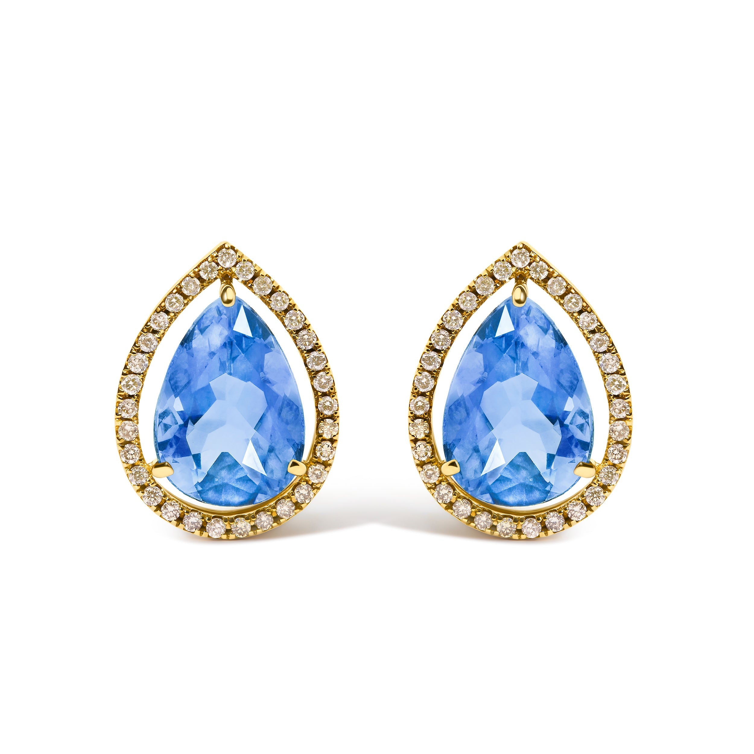 18K Yellow Gold 9x13 MM Blue Flourite Pear Halo Stud Earrings 1/2 Cttw Diamond