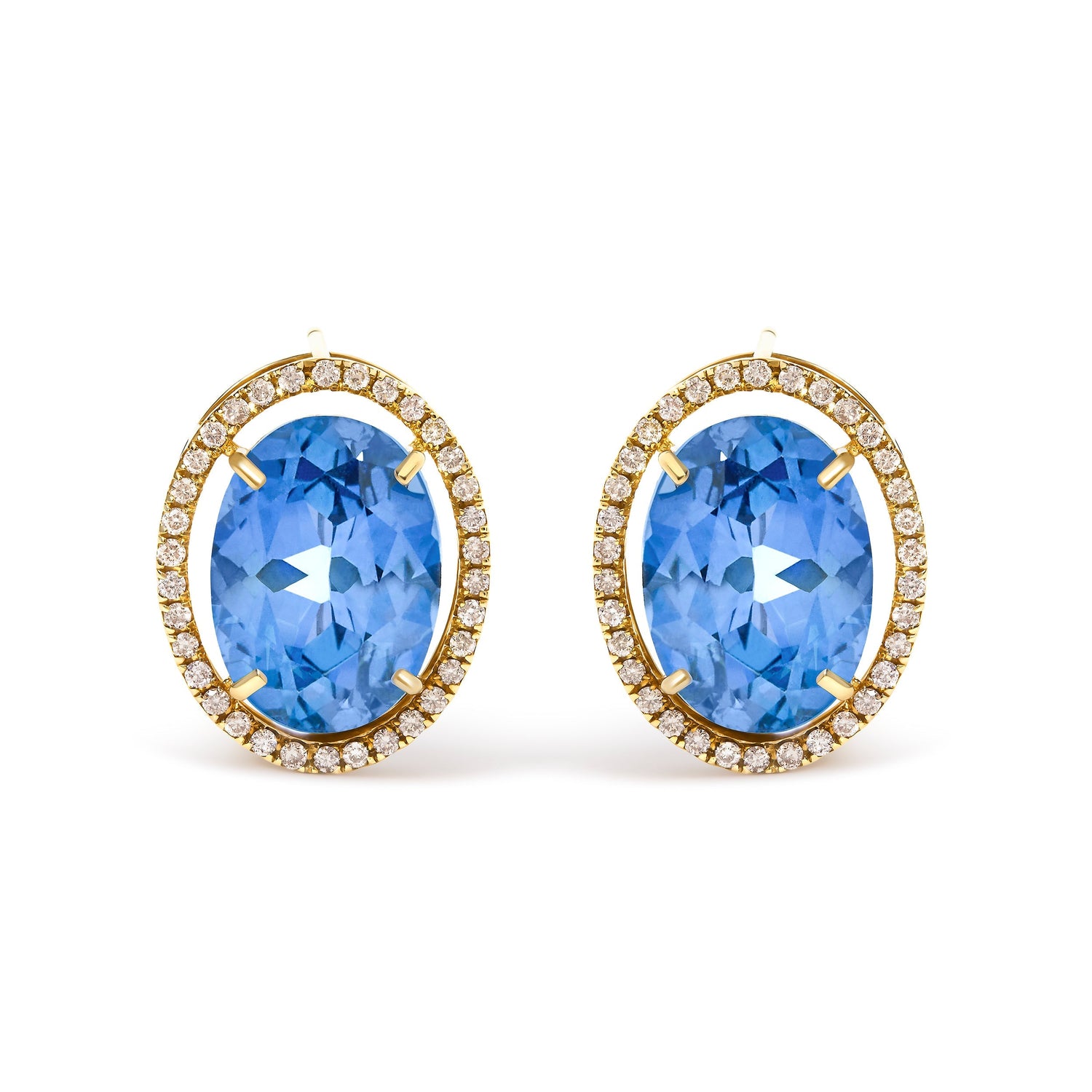 18K Yellow Gold 11x14MM Blue Fluorite Oval Stud Earrings with 1/2 Cttw Diamond Halo