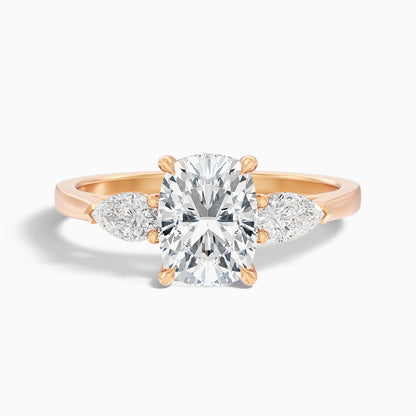 Haley 4.5 Carat Three Stone Ring with Pear Side Stones and an Elongated Cushion Moissanite Diamond in 14k Rose Gold
