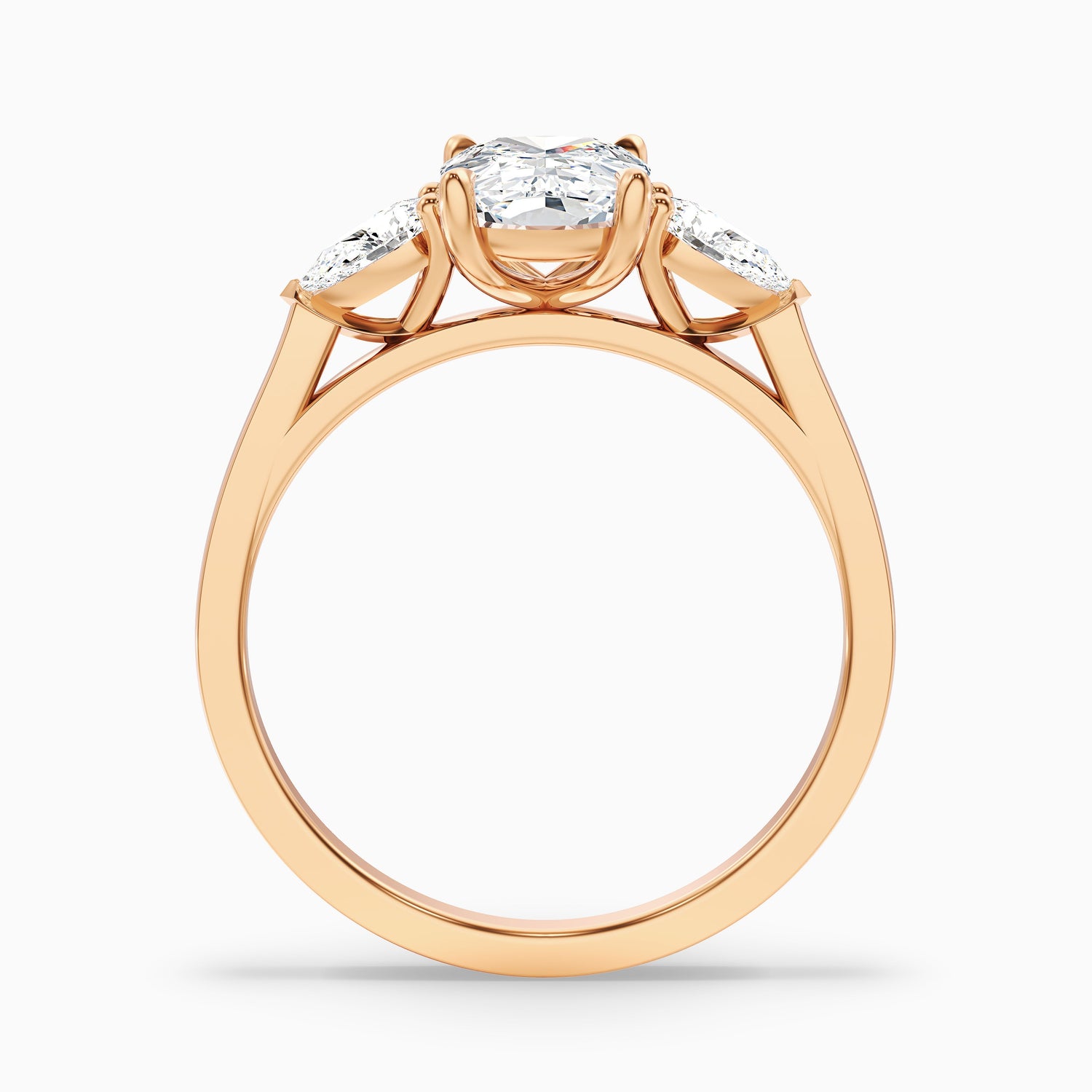 Haley 3 Carat Three Stone Ring with Pear Side Stones and an Elongated Cushion Moissanite Diamond in 18k Rose Gold