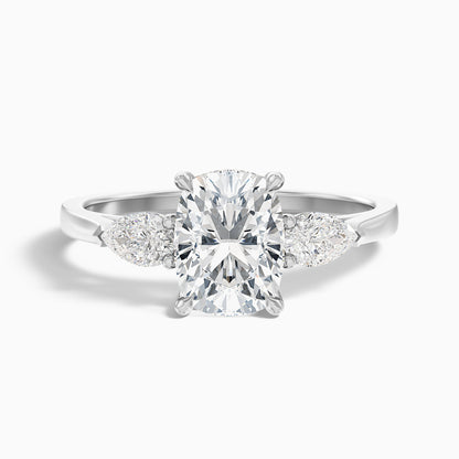 Haley 4 Carat Three Stone Ring with Pear Side Stones and an Elongated Cushion Moissanite Diamond in 14k Rose Gold