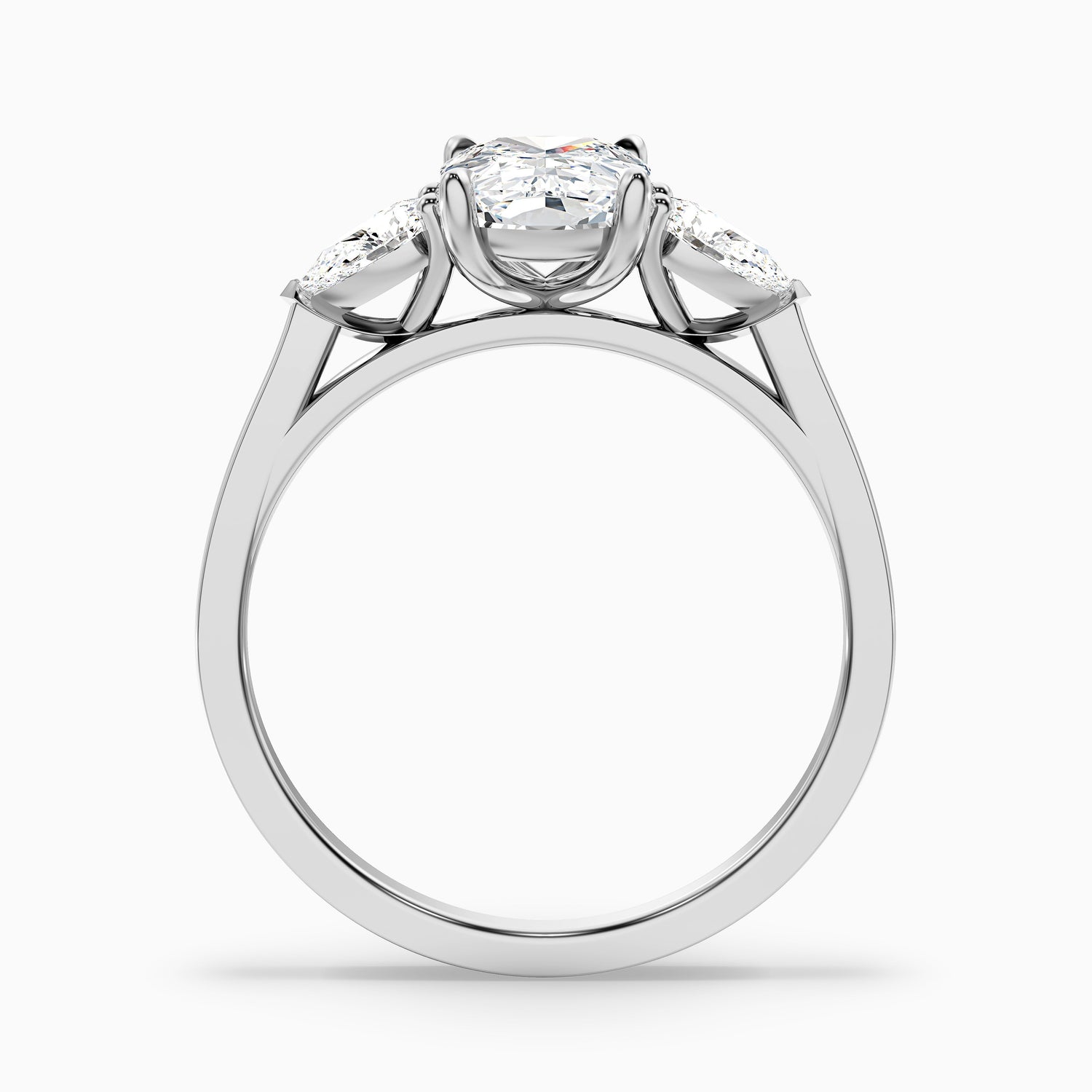 Haley 1 Carat Three Stone Ring with Pear Side Stones and an Elongated Cushion Moissanite Diamond in 18k Rose Gold