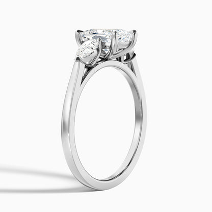 Haley 4 Carat Three Stone Ring with Pear Side Stones and an Elongated Cushion Moissanite Diamond in 10k Rose Gold