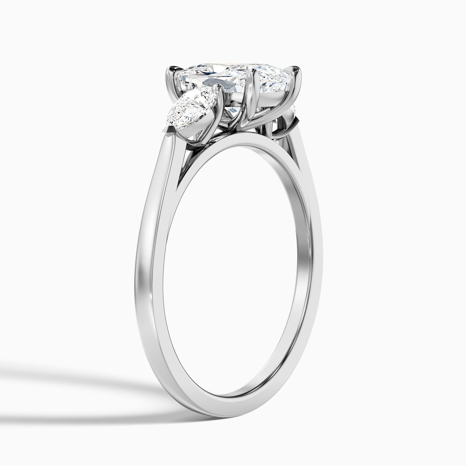 Haley 3 Carat Three Stone Ring with Pear Side Stones and an Elongated Cushion Lab Grown Diamond in 925 Sterling Silver