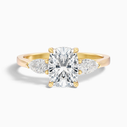 Haley 4.5 Carat Three Stone Ring with Pear Side Stones and an Elongated Cushion Moissanite Diamond in 18k Yellow Gold