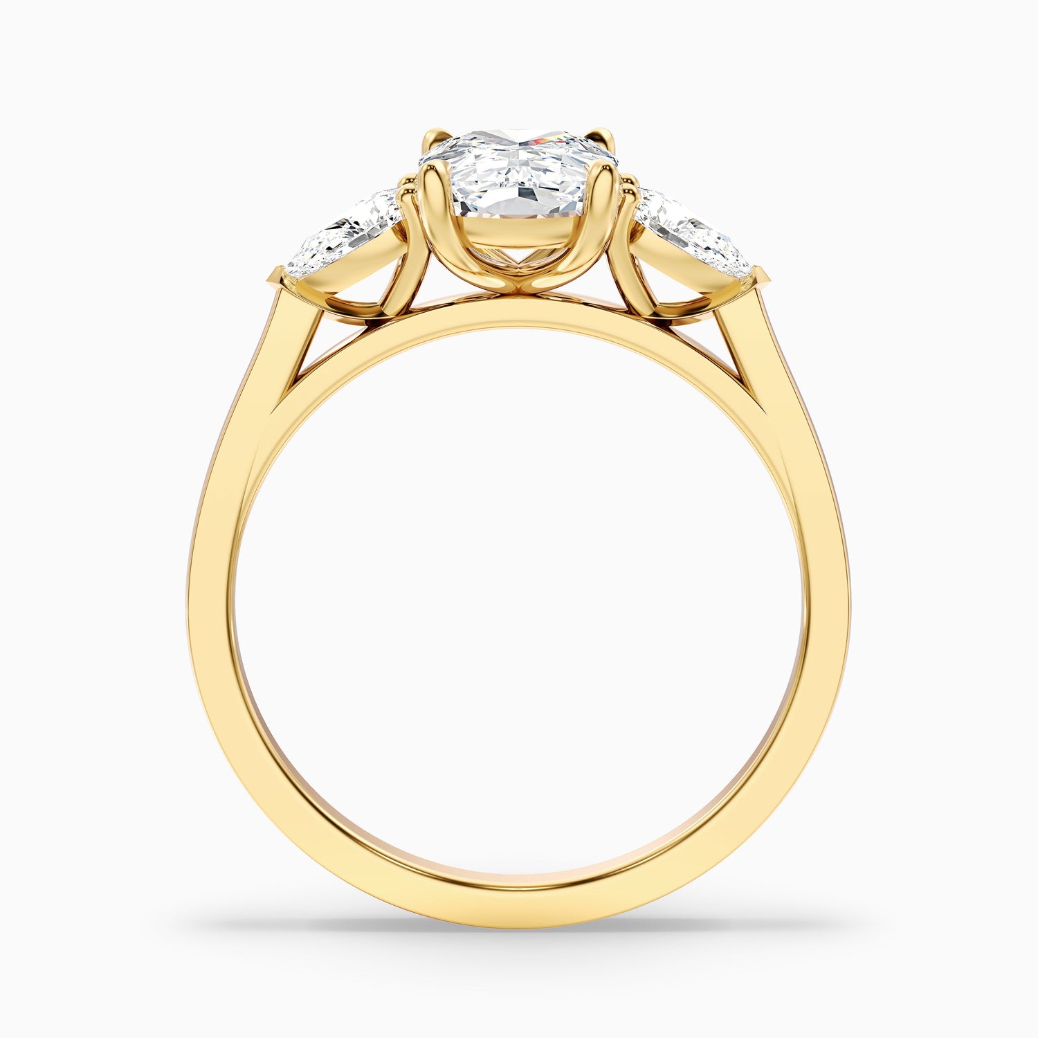 Haley 4.5 Carat Three Stone Ring with Pear Side Stones and an Elongated Cushion Moissanite Diamond in 14k Rose Gold